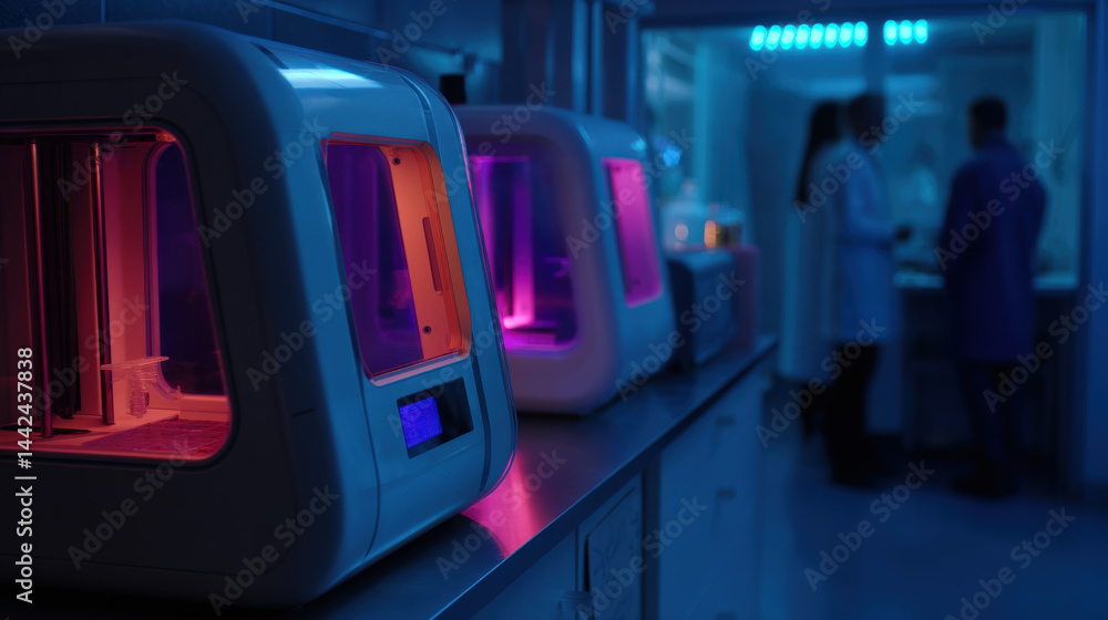 Poster a modern laboratory features 3d printers with vibrant lighting, showcasing technological advancement