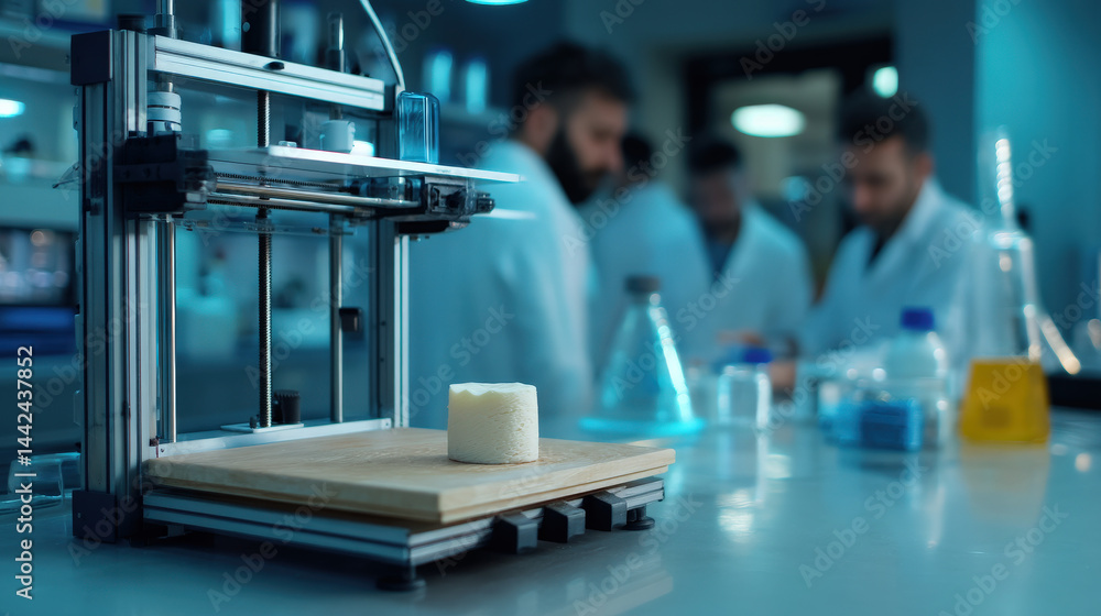 Poster a modern laboratory featuring a 3d printer in focus with a cylindrical object on a wooden base, scie