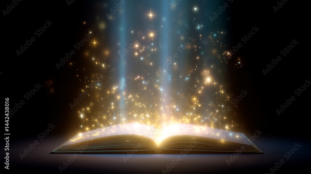 Aufkleber magic emanates from an open book, illuminating a dark space with sparkling light