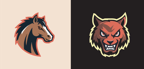 animal mascot logos, featuring heads of owls, wolves, lions, deer, horses, panthers, and bats.