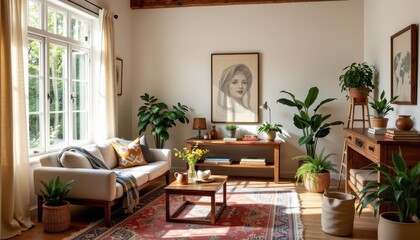 Fototapeta premium Cozy modern farmhouse living room with vintage textiles reclaimed wood accents indoor plants and soft morning sunlight filtering through linen curtains