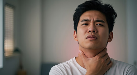 Man suffering from severe neck pain intense discomfort needs urgent care