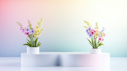 Fototapeta premium Pastel floral display podium. Two bouquets of spring flowers on a white, rounded platform against a soft, pastel background