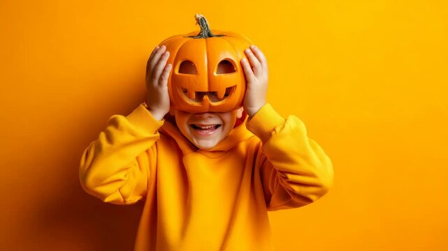Cheerful child holding a carved jack-o-lantern pumpkin over their head against a bright orange background in studio setting