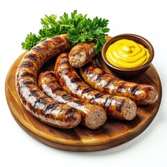 Delicious grilled sausages on a wooden board with mustard and parsley