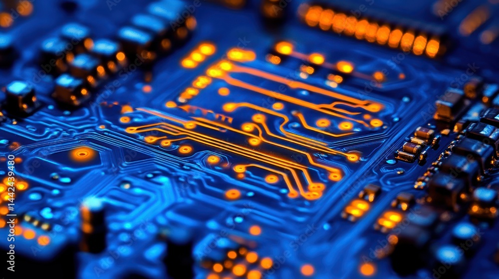 Aufkleber an illuminated circuit board displaying intricate electrical components clearly