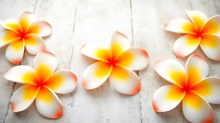 Fototapeta premium Five White and Yellow Plumeria Flowers on White Wooden Background