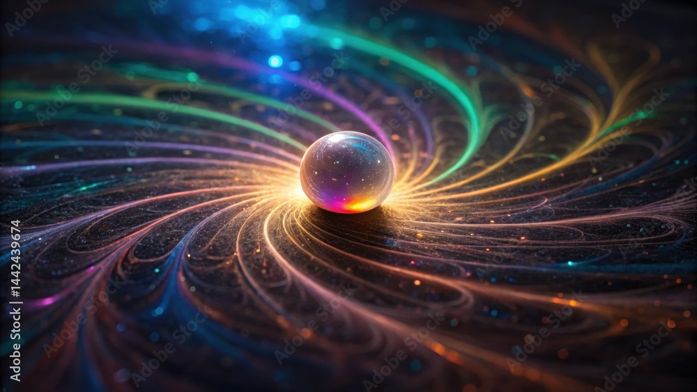 Poster vibrant abstract design featuring a central sphere surrounded by swirling colorful patterns and spar