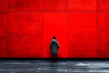 Solitary figure facing a vibrant red wall.