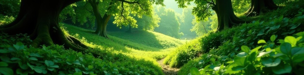 Obraz premium Dense green foliage, dappled light filtering through, Italian setting , countryside, outdoor