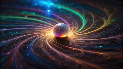 Vibrant abstract design featuring a central sphere surrounded by swirling colorful patterns and sparkling elements.