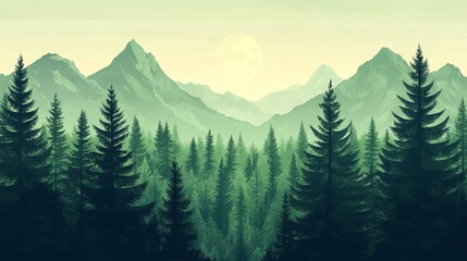 Fototapeta premium Serene green forest landscape with majestic mountains and a full moon art calm view mood tone trees