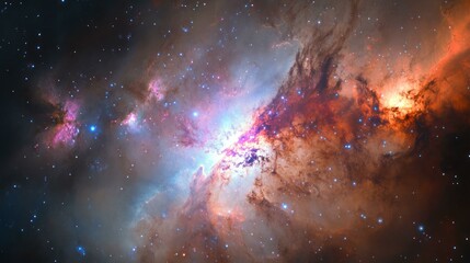 Colorful nebula glows in space, surrounded by countless stars.