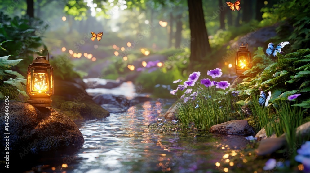 Poster a serene forest scene showing lanterns by a flowing stream