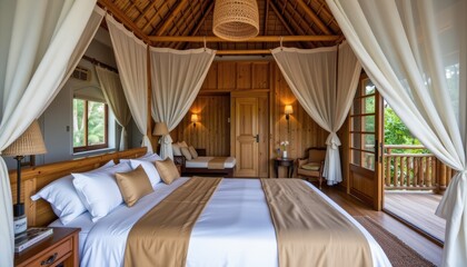 Bamboo constructed eco lodge bedroom with natural woven fabrics ambient lighting and open air ventilation for a rustic luxury feel