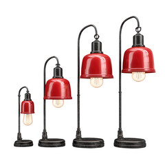 Fototapeta premium Four different sizes of the red metal industrial table lamp on display.
