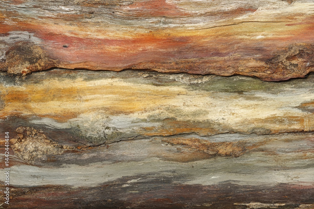 Poster close-up view of a weathered, multi-layered log.