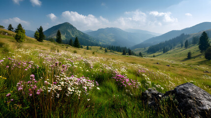 Wilde Sommerwiese in alpiner Landschaft mit Blumen und Felsen
