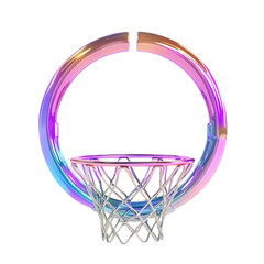 Holographic basketball hoop with vibrant colorful lines background