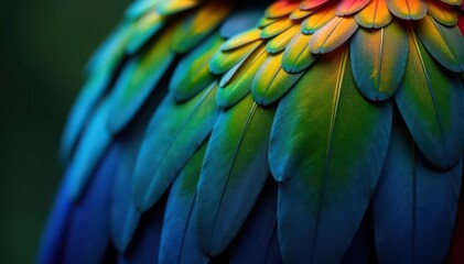 Fototapeta premium Close-up of iridescent blue and gold macaw feathers , parrot, plumage