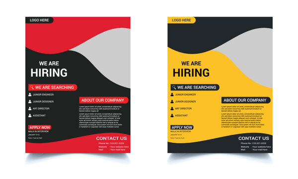 Hiring Job advertisement flyer template design. We're Hiring employee job advertisement Design Template. Hiring flyer design vector template. We are hiring poster flyer design.