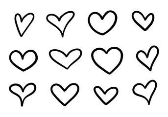 Playful Hand Drawn Heart Outline. A collection of 12 playful hand drawn heart shapes with whimsical and minimalistic styles, perfect for modern, trendy, and romantic designs.