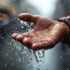 Fototapeta premium Close-Up of Outstretched Hand Capturing Rain Drops with Water Splashes in an Urban Environment on a Gloomy Day