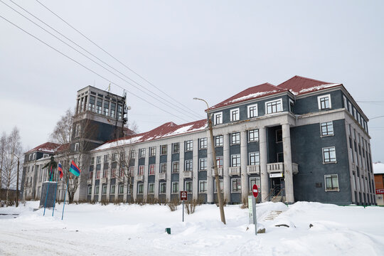 MEDVEZHEGORSK, RUSSIA - MARCH 15, 2025: View of the White Sea Canal Administration building on a gloomy March day