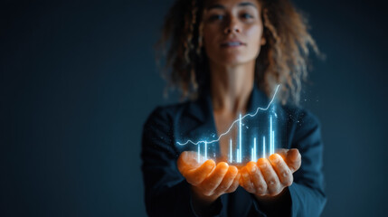 An appealing visual of business concept woman presenting growing graph, ideal for creative, commercial, or editorial purposes.