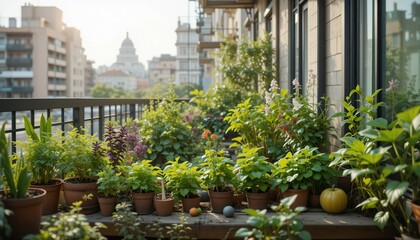 Obraz premium Urban Balcony Garden Lush Greenery Blooming Flowers City View