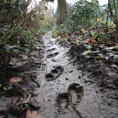 Fototapeta premium Muddy Footprints on a Nature Path Surrounded by Vegetation and Trees Captured on a Gloomy Day in a Serene Rural Environment