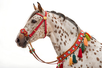 Decorated Horse Portrait with Traditional Bridle and Harness

