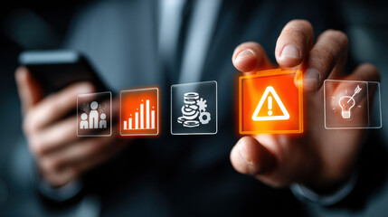 An elegant and clear visual illustration of businessman interacting with digital risk management icons, ideal for creative, commercial, or editorial purposes.