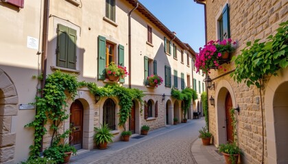 Obraz premium Charming cobblestone lane with flower laden balconies and rustic shutters capturing the spirit of a medieval village
