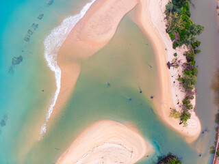 Aerial view of sandbar with sea water surface seascape background,Pink sand beach, Amazing summer background and holiday concept