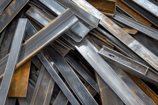 Metal square pipes from the manufacturing process are in pieces, and a pile of steel waste is ready for recycling