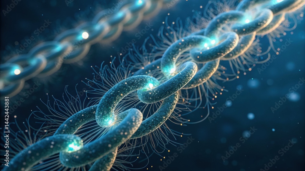 Poster a detailed close-up of a glowing, intricate chain intertwined with delicate, ethereal structures in 