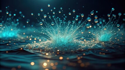 Obraz premium Dynamic splashes of water create a mesmerizing visual effect against a dark backdrop, highlighted by shimmering droplets and blue tones.