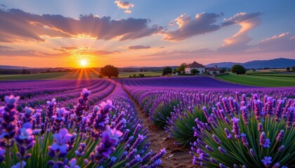 Obraz premium Serene countryside landscape featuring vibrant lavender fields with a distant farmhouse bathed in warm evening light