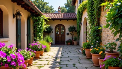Fototapeta premium Traditional Tuscan villa courtyard with terracotta pots bursting with flowers and rustic stone pathways
