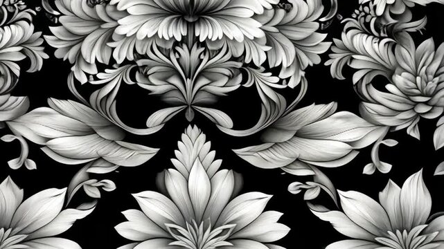 Elegant black and white floral pattern with decorative damask ornament.