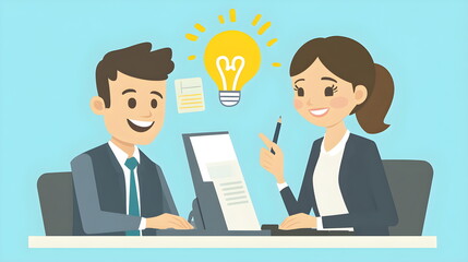 Flat illustration of a male and female team collaborating at a desk with laptops, surrounded by blue tones and geometric shapes, featuring a light bulb icon and cheerful expressions in a modern office