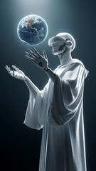 A holographic-style photo of an artificial intelligence robot holding the Earth in its hand. In the foreground is a faceless humanoid robot wearing a silver robe. It has two arms outstretched, indicat