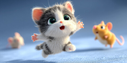 An appealing visual of cheerful kitten chasing tiny mice in 3d scene, ideal for creative, commercial, or editorial purposes.