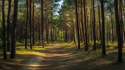 Fototapeta premium Serene sunlight path through majestic tall pine forest trees calm park view woods green brown woods