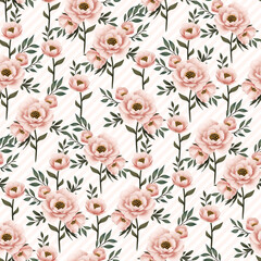 Pink Flowers with Diagonal Stripes, Seamless Floral Pattern on Transparent Background.