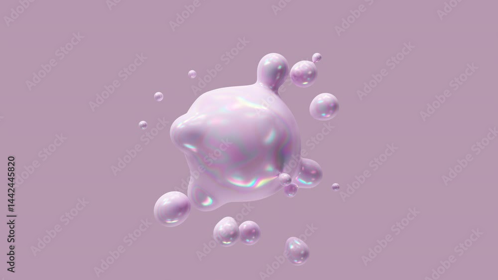 Poster metaball liquid holographic iridescent blobs. 3d rendering abstract multicolor moving flow bubbles, 