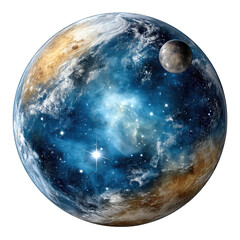 A celestial body displays swirling colors with a moon against white space.