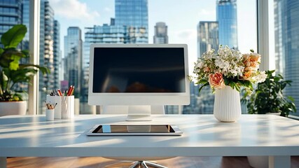 Modern office desk scene with computer and tablet in front of a cityscape view bright and airy - Powered by Adobe