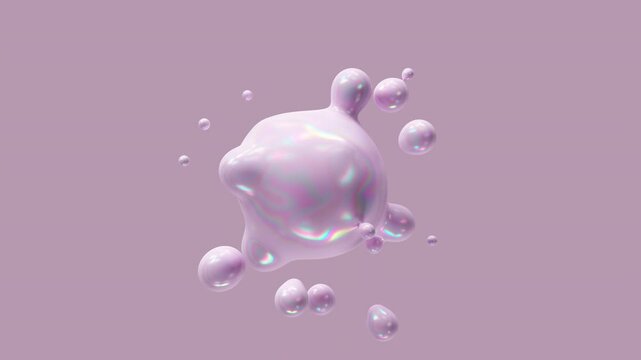 Metaball liquid holographic iridescent blobs. 3D rendering abstract multicolor moving flow bubbles, purple background. 4K looped animation.